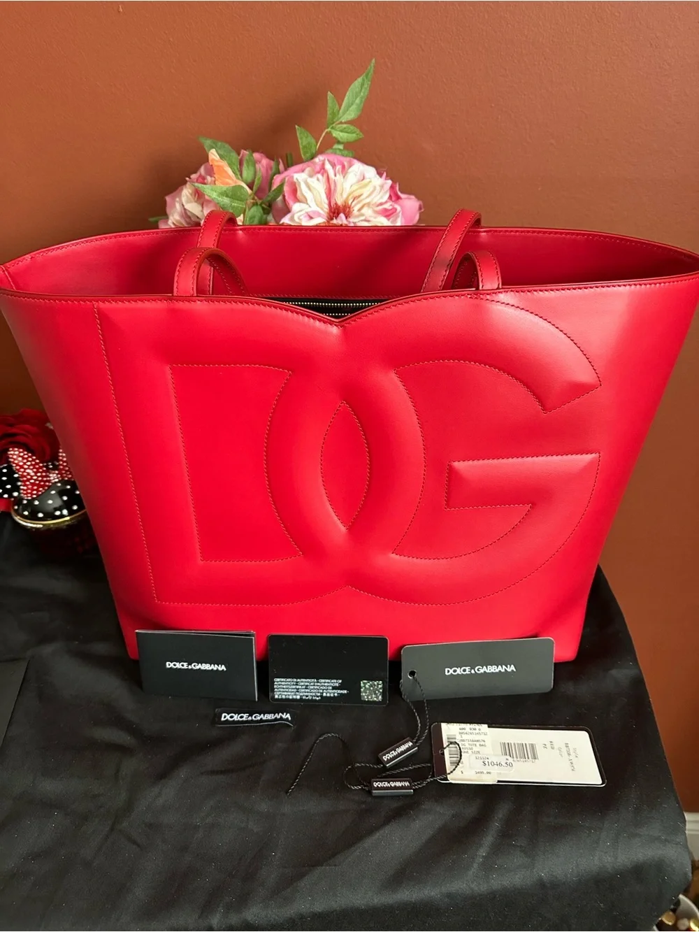 Authentic Dolce & Gabbana Bold Red Embossed Logo Leather big shopping Tote